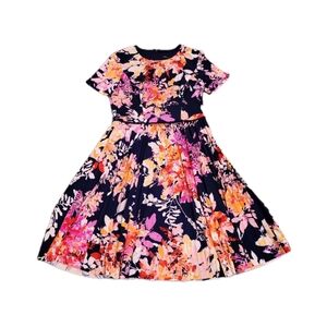Maggy London Fit Flare Dress Size 4 Pleated Floral Short Sleeve Flowy Colorful